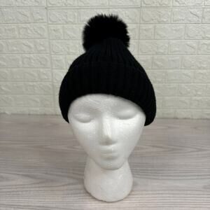 Hat Attack Acrylic Pom Pom Winter Beanie Hat Faux Fur Lined Ribbed Knit Black